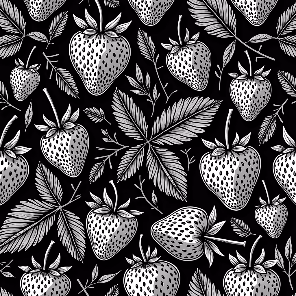 Monochrome strawberry pattern on black background