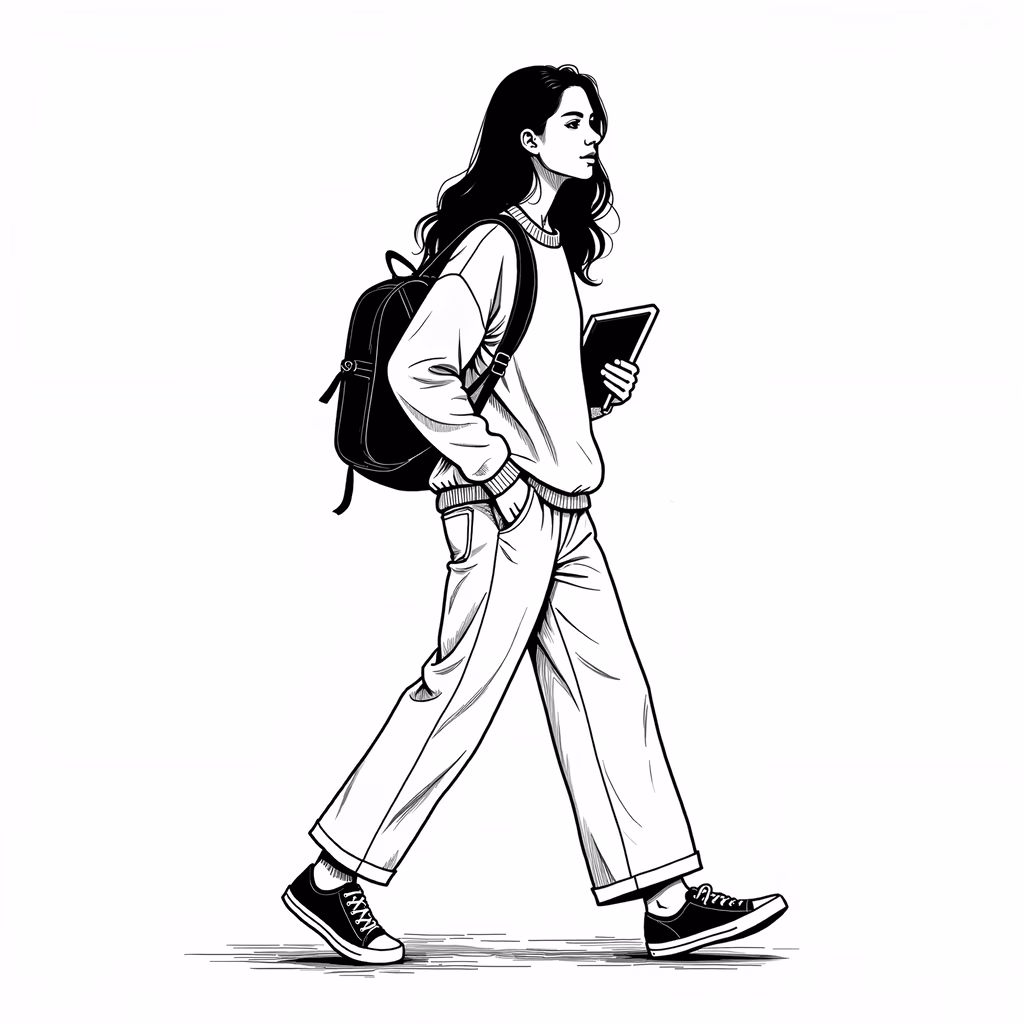 Confident student walking with backpack and book, black-and-white illustration.