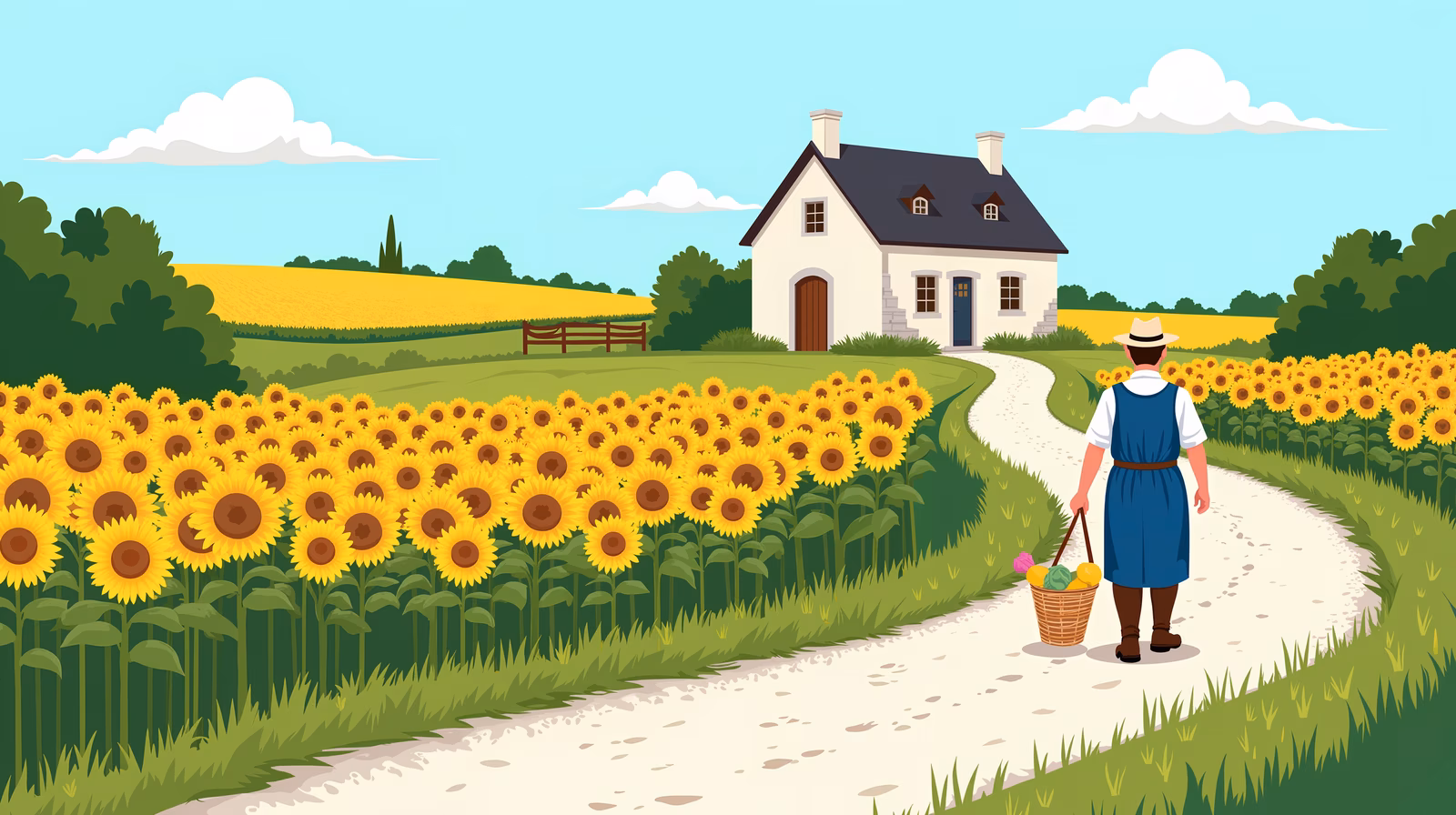 A peaceful countryside scene with sunflowers and a farmer walking on a dirt path.
