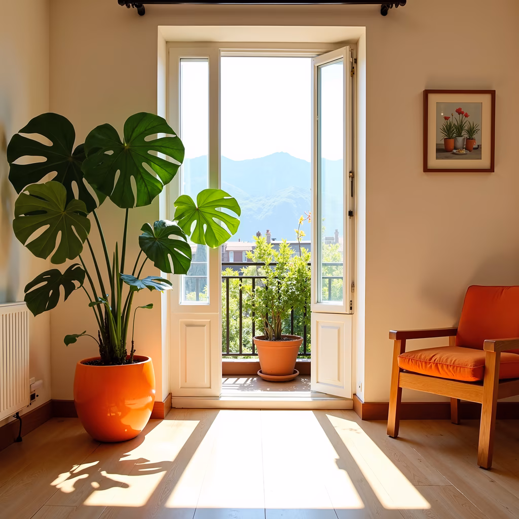 A cozy balcony with plants and a scenic mountain view.
