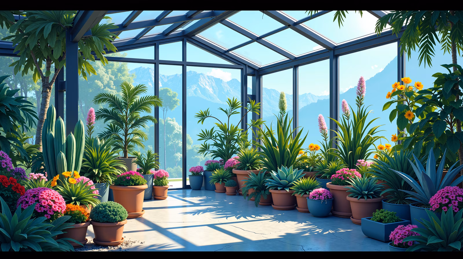 A sunlit greenhouse filled with blooming flowers and lush greenery, evoking a sense of peace and vitality.
