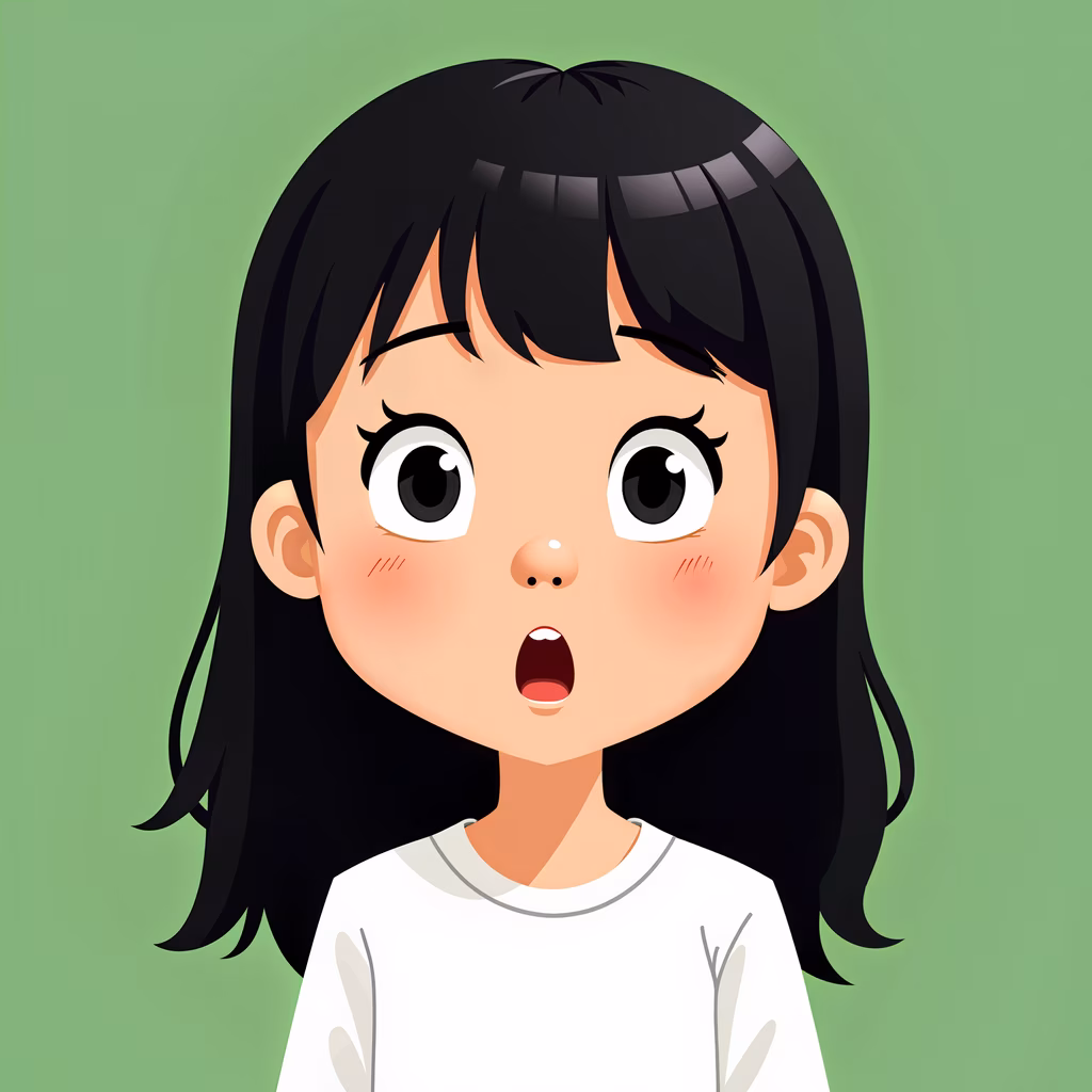 A cute illustration of a surprised girl with big eyes and a light green background.