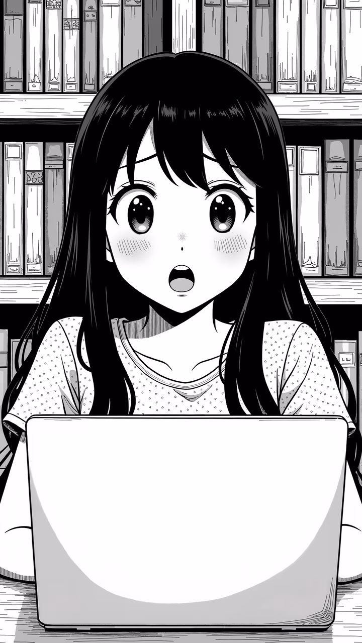 Black-and-white illustration of a surprised girl in a library setting.