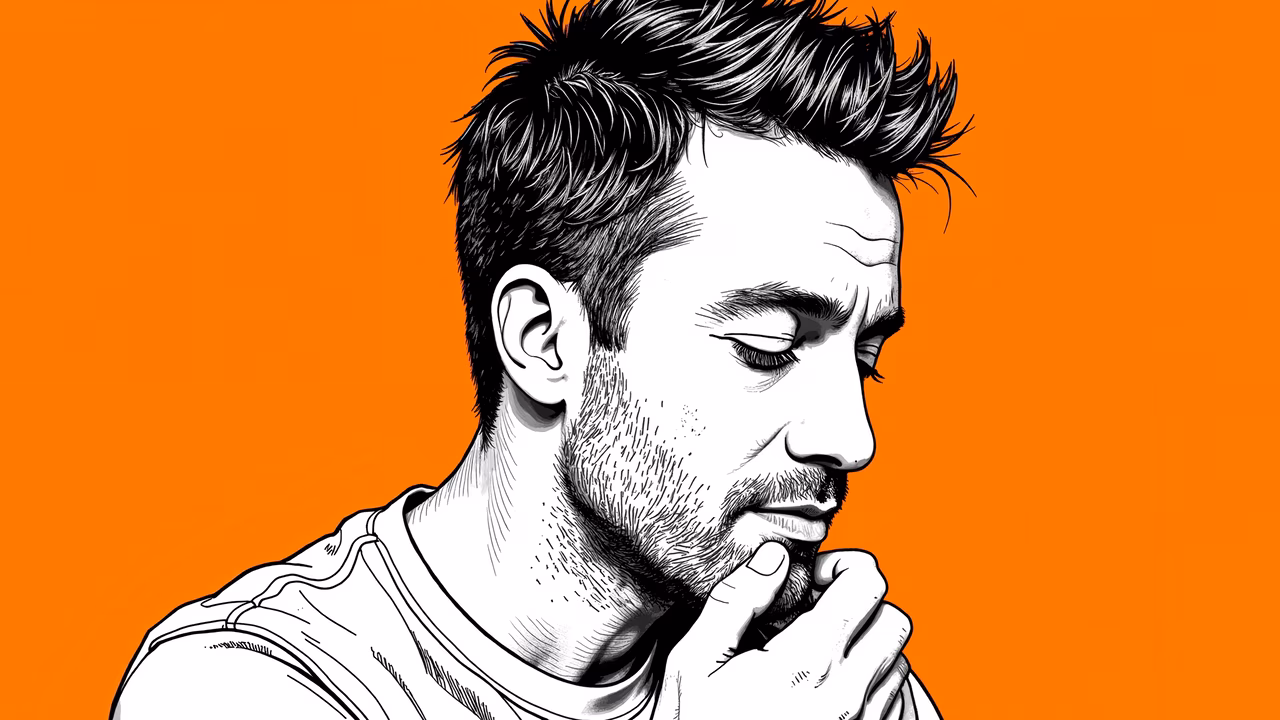 Monochrome profile illustration with vibrant orange background, evoking introspection.