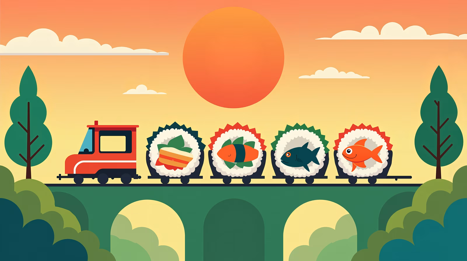 A charming train journey through a sushi-themed landscape at sunset.