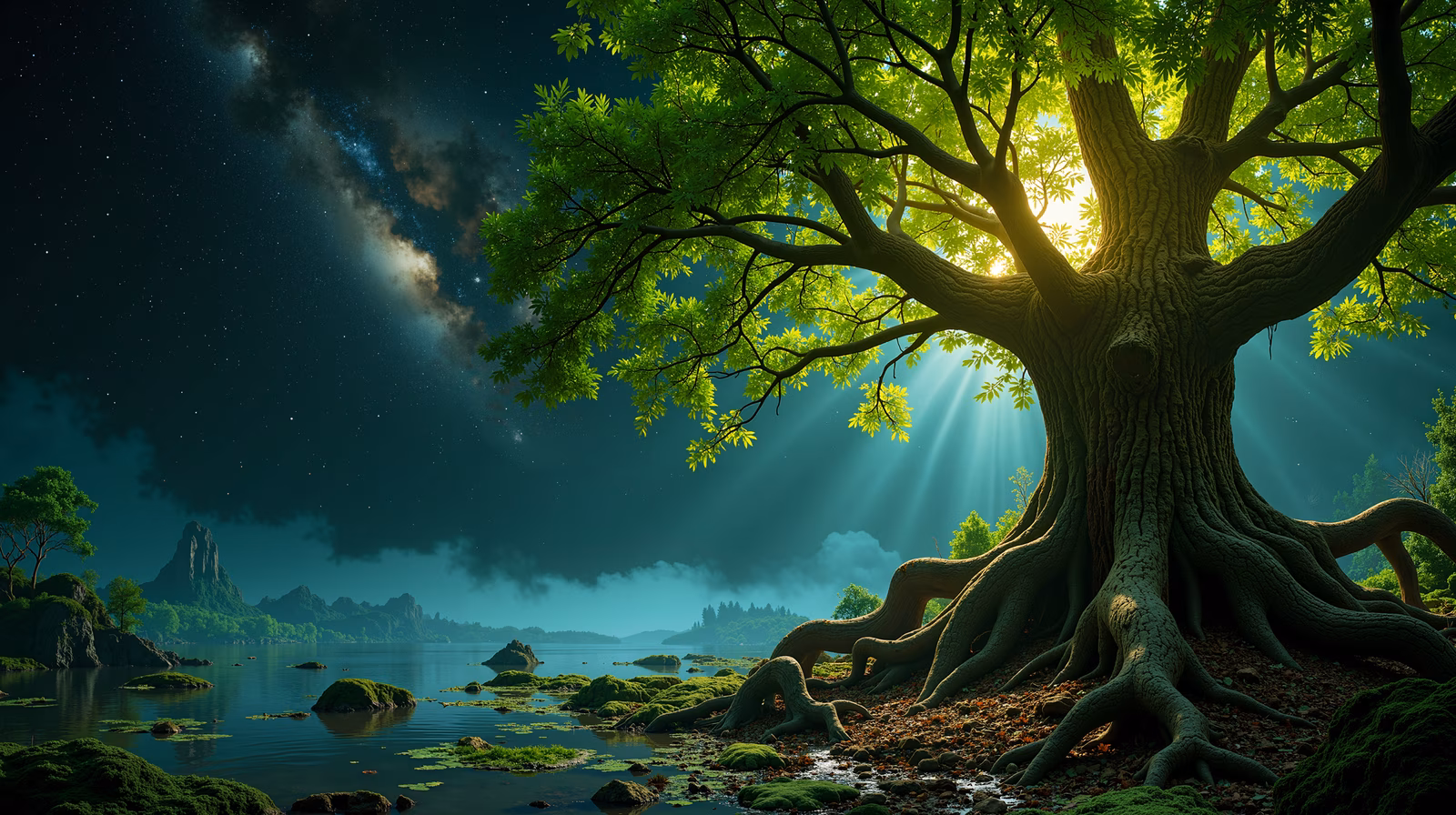 A towering tree illuminates a peaceful night landscape.