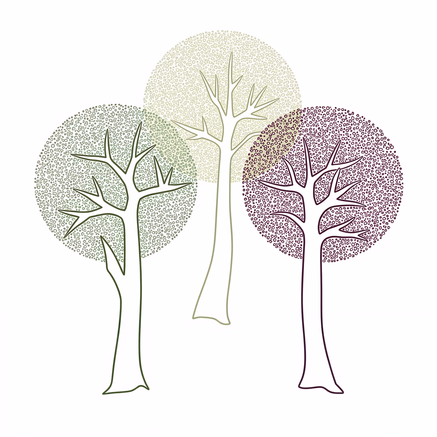 Stylized dotted trees in shades of green and purple, creating a serene nature scene.