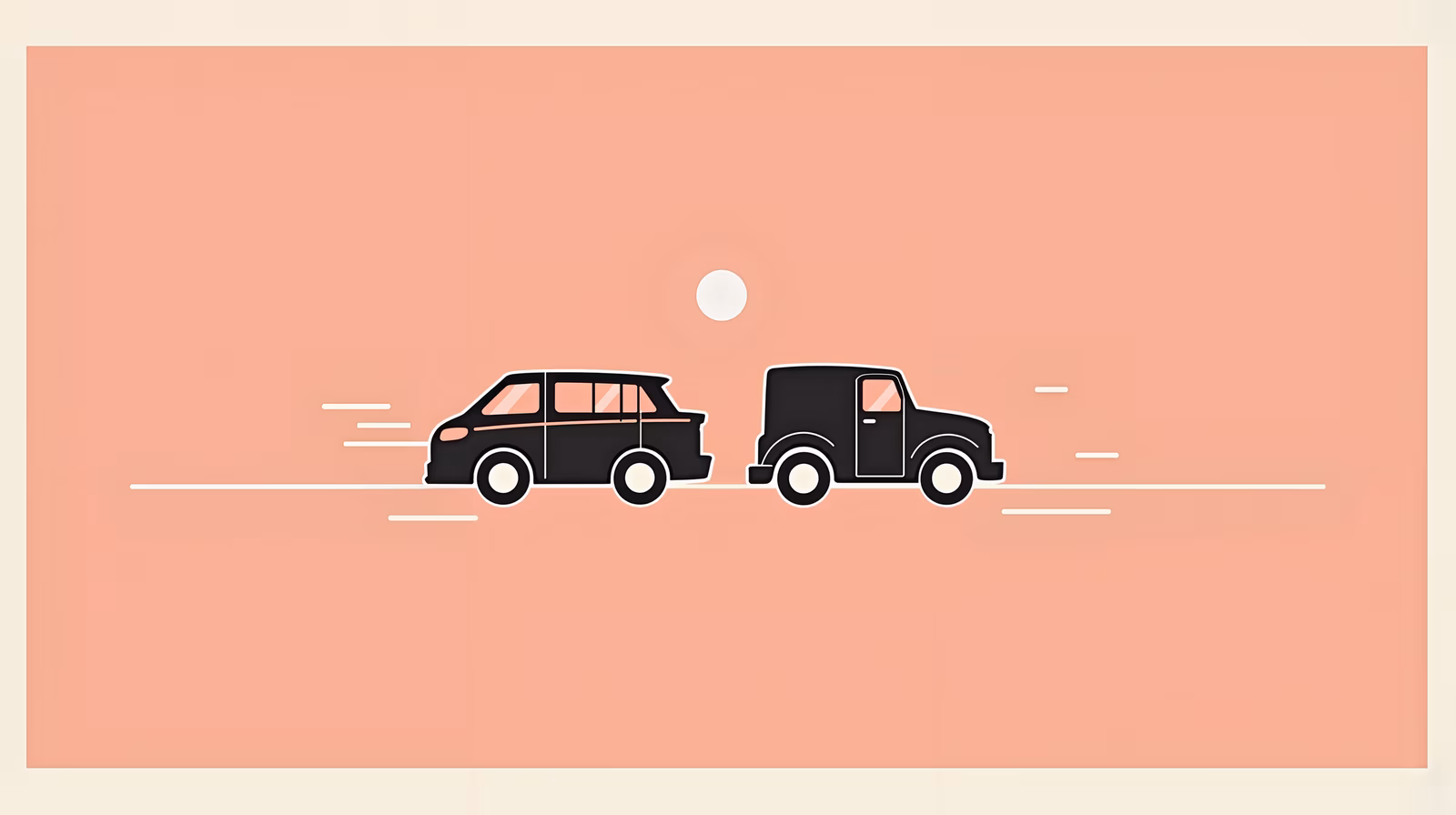 Minimalist illustration of two cars on a peach background, featuring clean lines and a simple design.