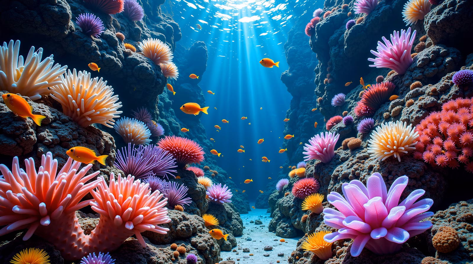 A lively underwater coral reef scene with colorful corals and swimming fish.