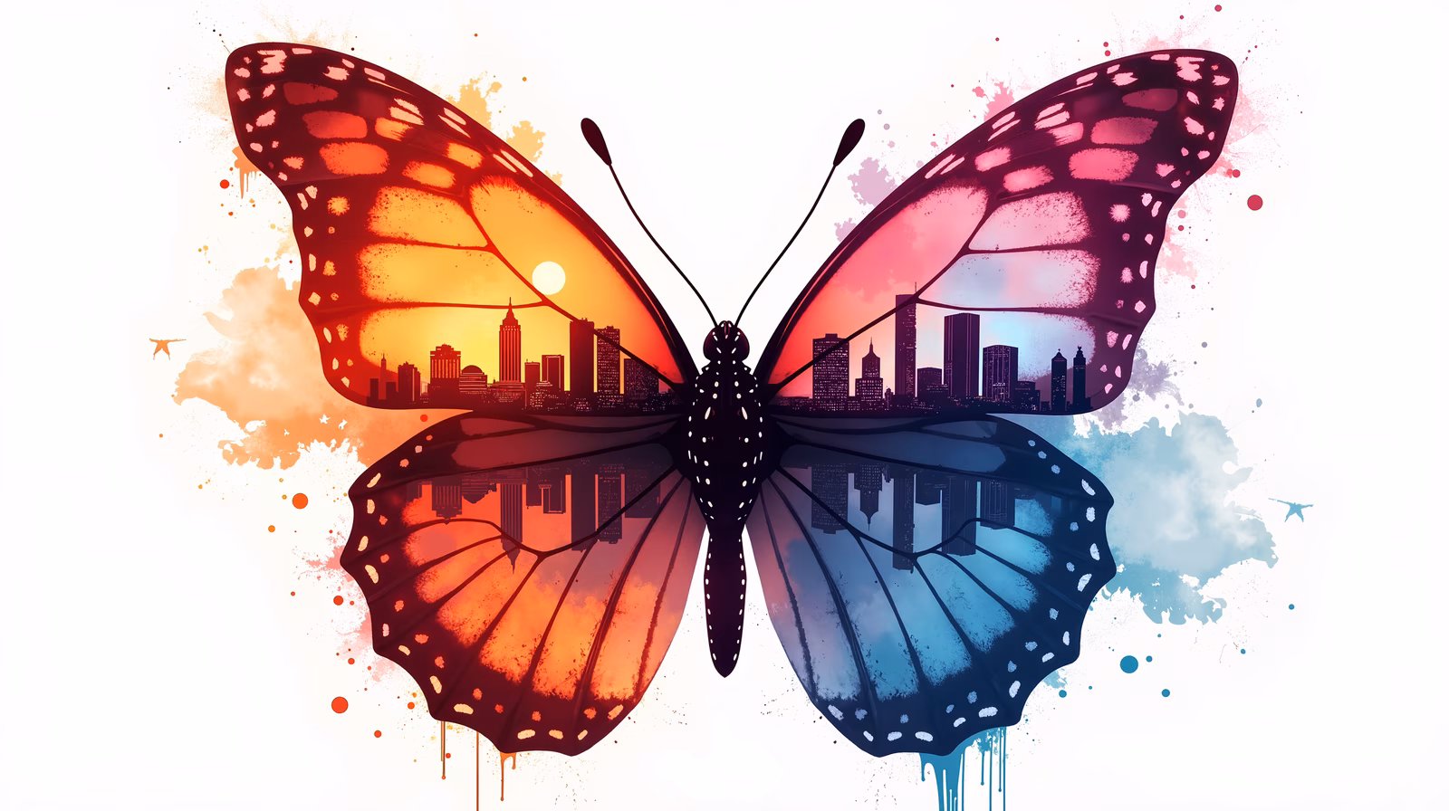 Vibrant butterfly with urban cityscapes on its wings, contrasting sunrise and sunset colors.