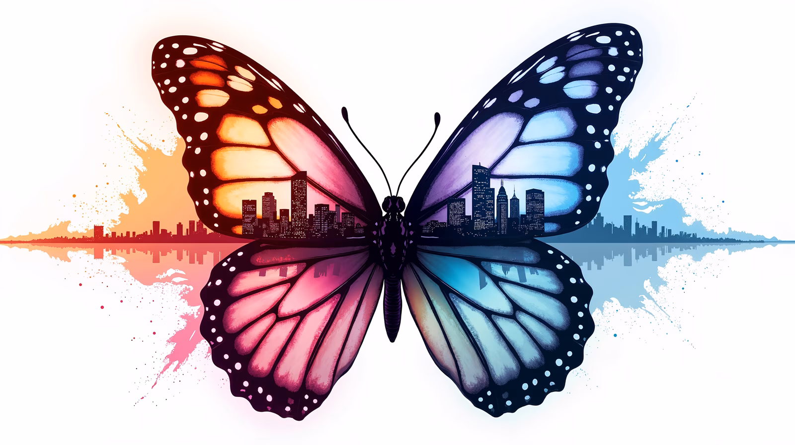 Vibrant butterfly illustration blending urban cityscapes in contrasting colors.