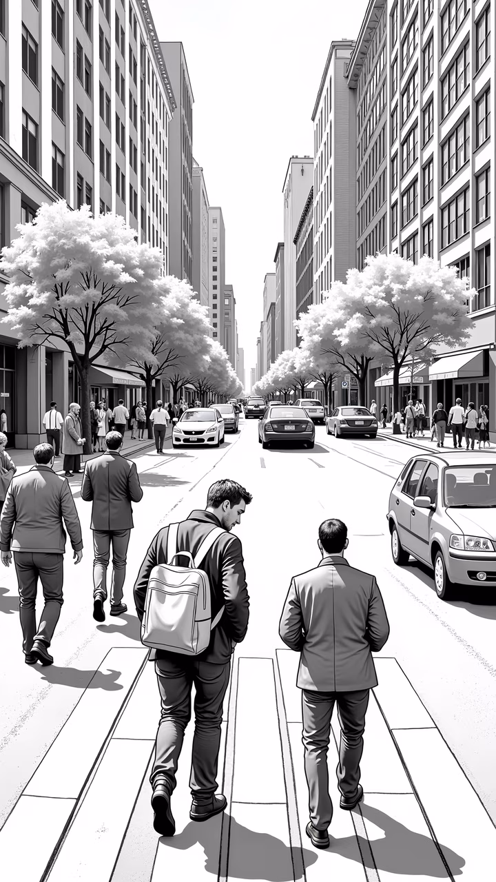 Black-and-white illustration of a busy city street with pedestrians and cars.