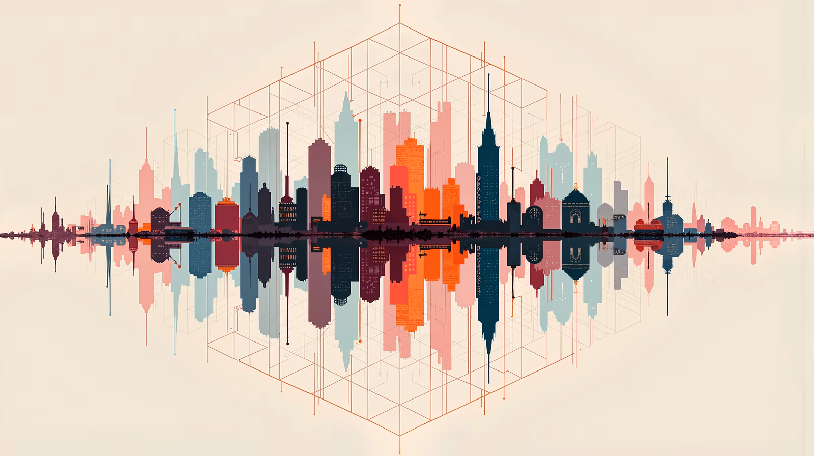 Abstract city skyline with geometric reflections and muted tones.