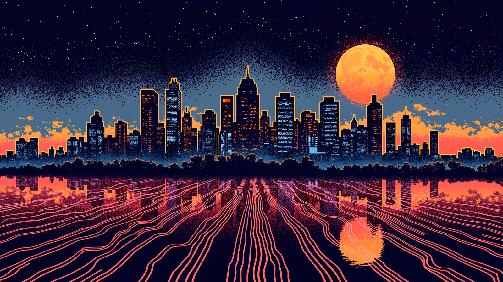 Vibrant urban skyline reflected in a tranquil water surface under a glowing moon.