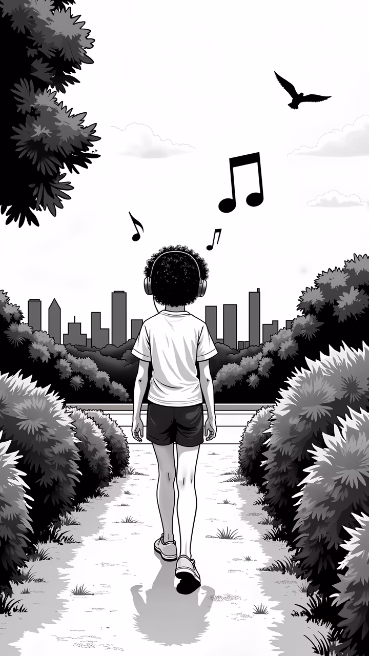 A serene urban walk with music and nature in grayscale.