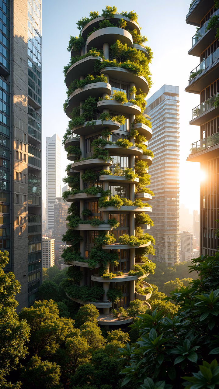 A futuristic vertical garden tower blending urban architecture with lush greenery.