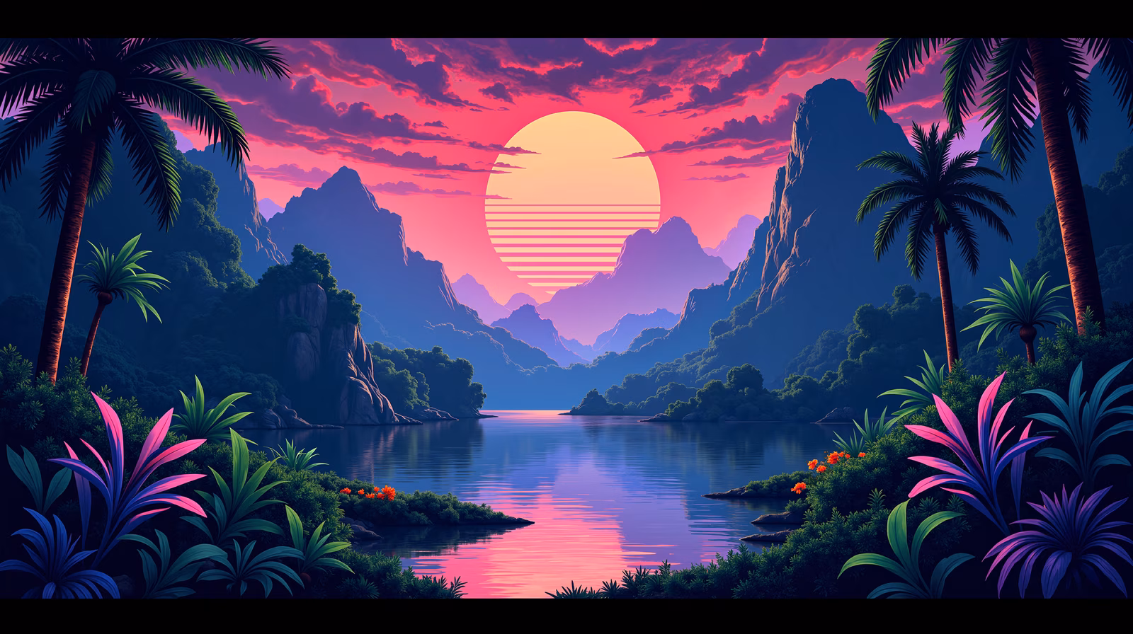 A tranquil sunset scene with vibrant colors and tropical elements.