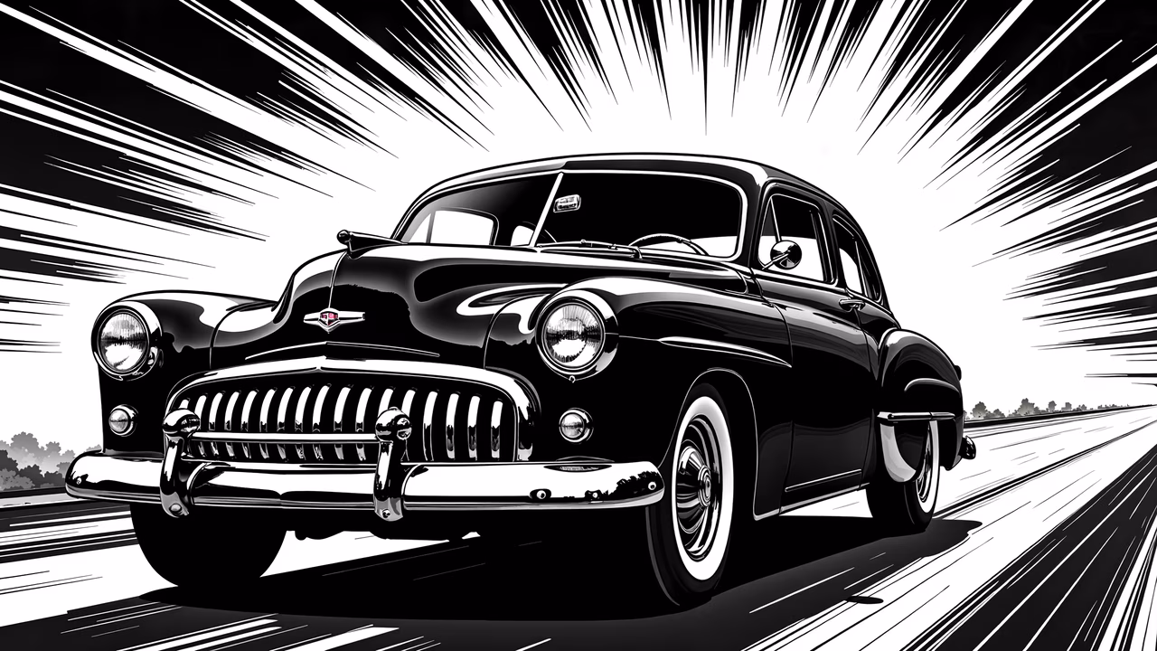 Classic car in motion, black and white illustration, vintage style, dynamic lines, nostalgic feel