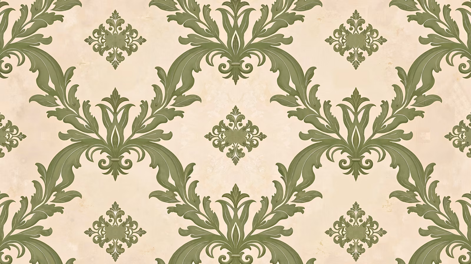 Vintage green ornamental illustration with intricate patterns on beige background.