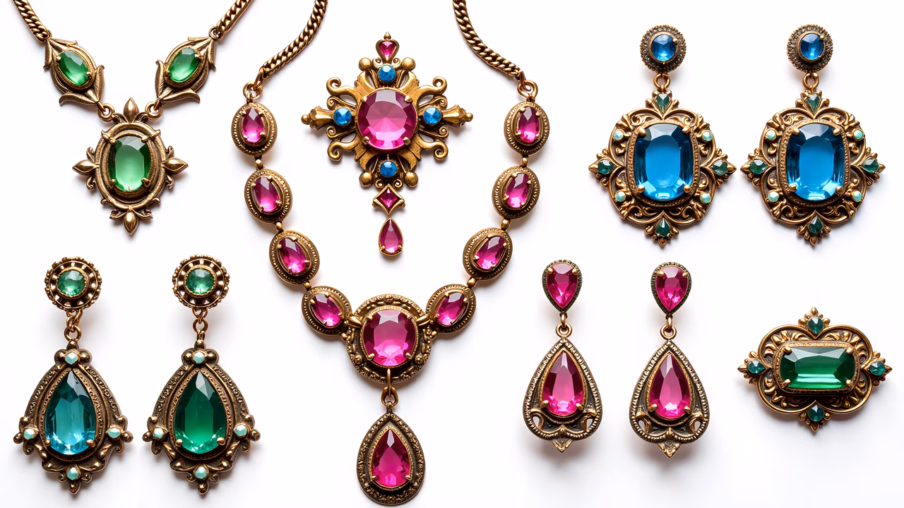 Vintage-inspired jewelry collection with ornate gold frames and vibrant gemstones.