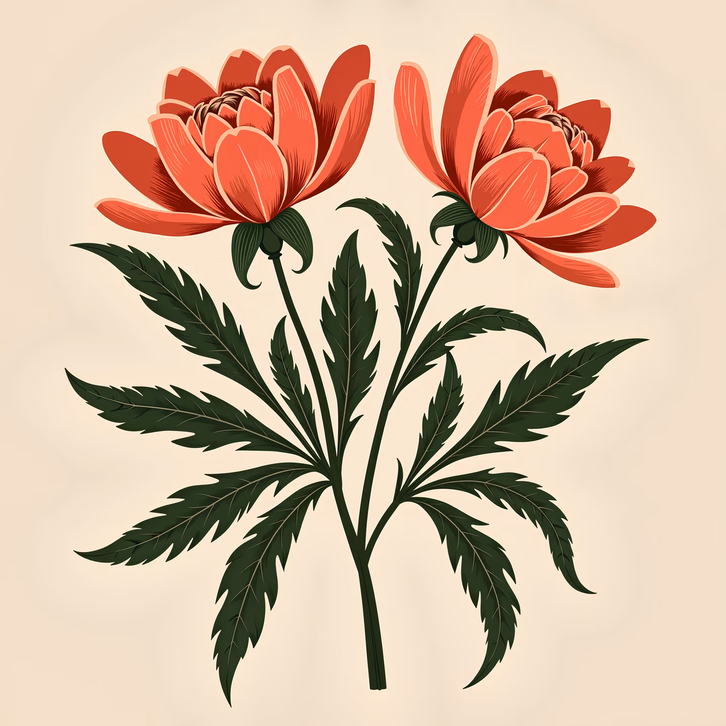 Detailed vintage illustration of red peonies with lush greenery on a beige background.