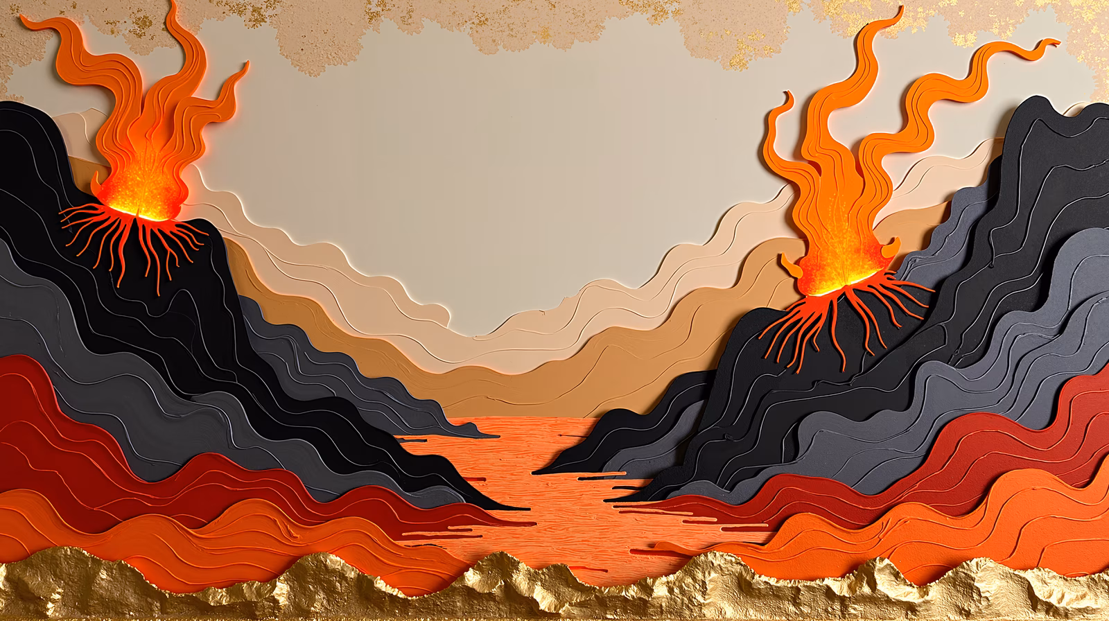 Dynamic volcanic eruption illustration with intense colors and layered textures.