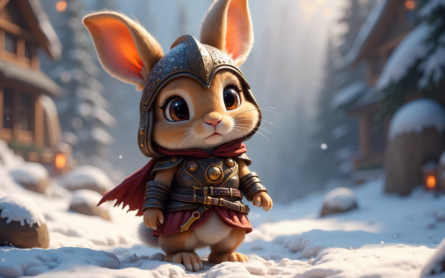 A brave warrior rabbit in a snowy village, ready for adventure!
