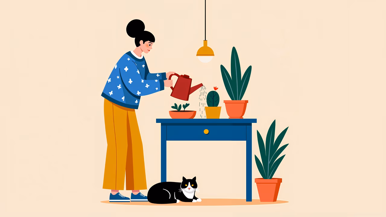Woman watering plants, cozy indoor scene, daily routine, home life, plant care, domestic tranquility