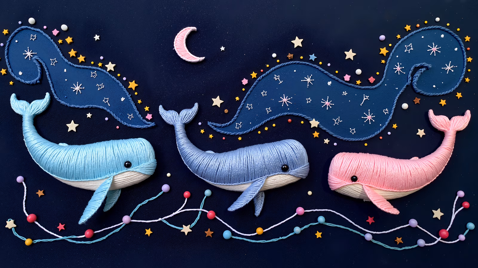 Whimsical whales in a starlit night sky, perfect for children’s art.