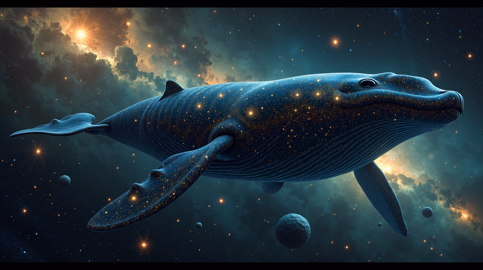 A majestic whale in a starlit space, blending science fiction and fantasy.