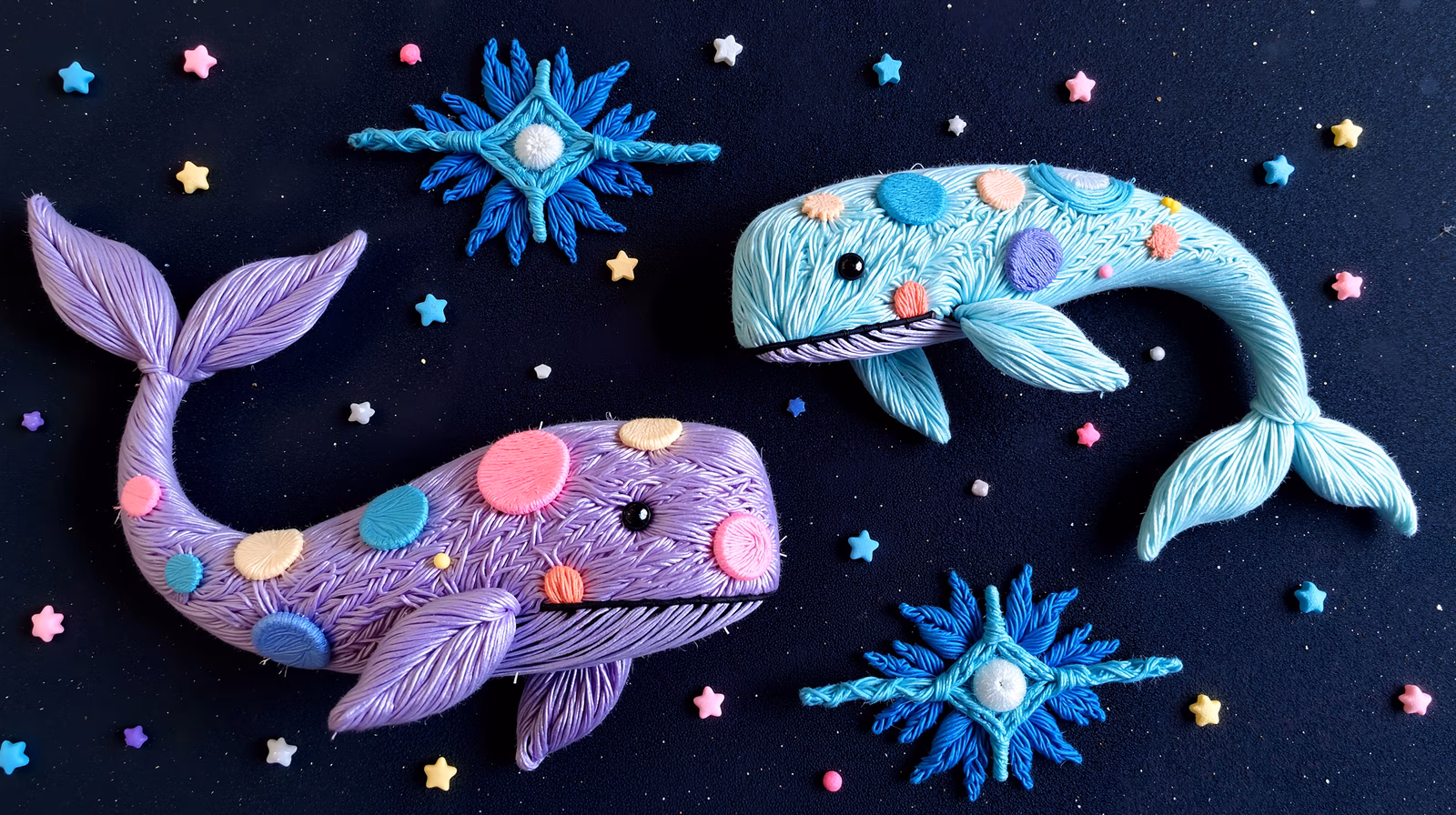 Whimsical whales in a starlit night sky, perfect for children’s art.