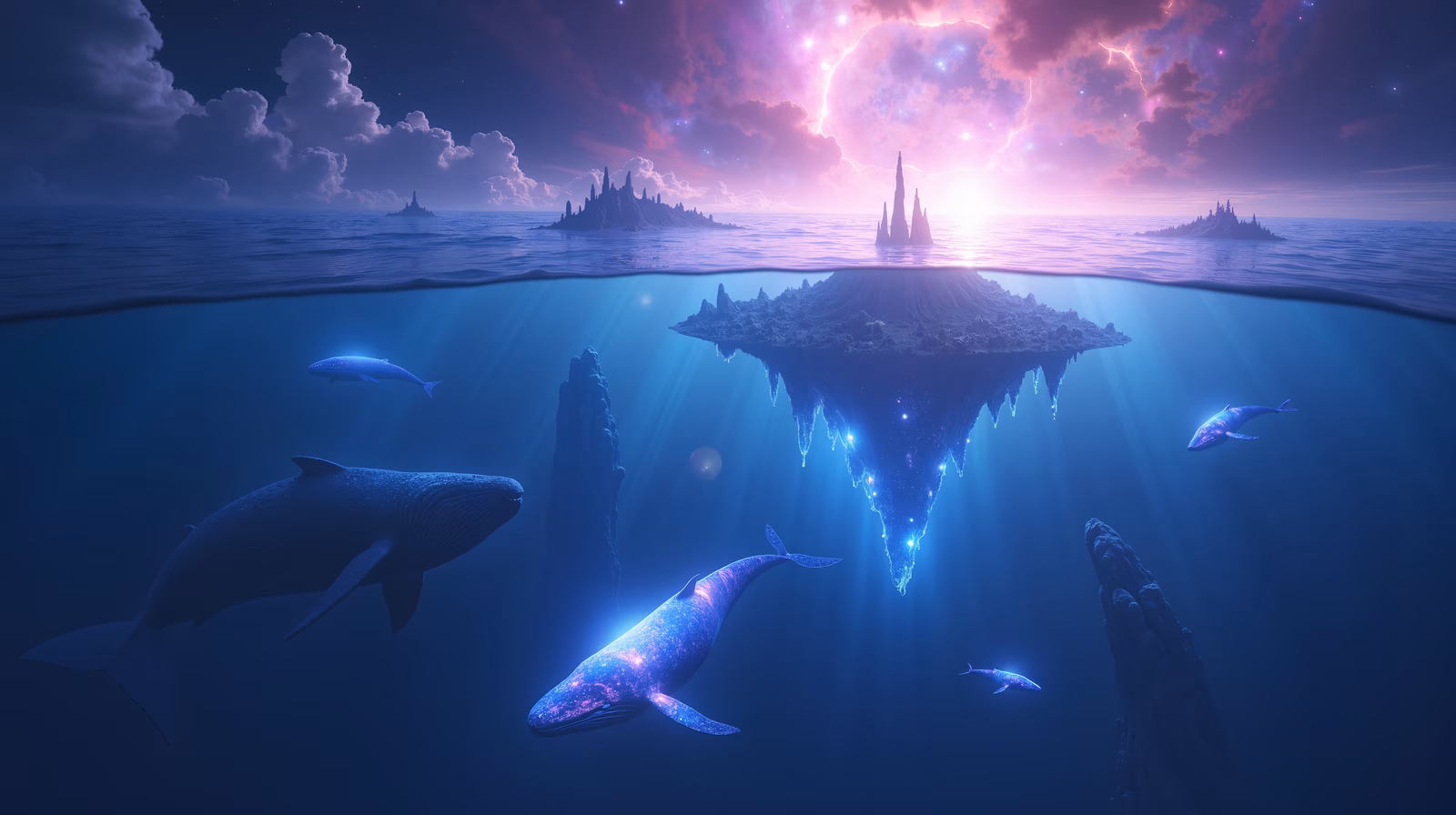Magical underwater world with whales and fantasy islands.