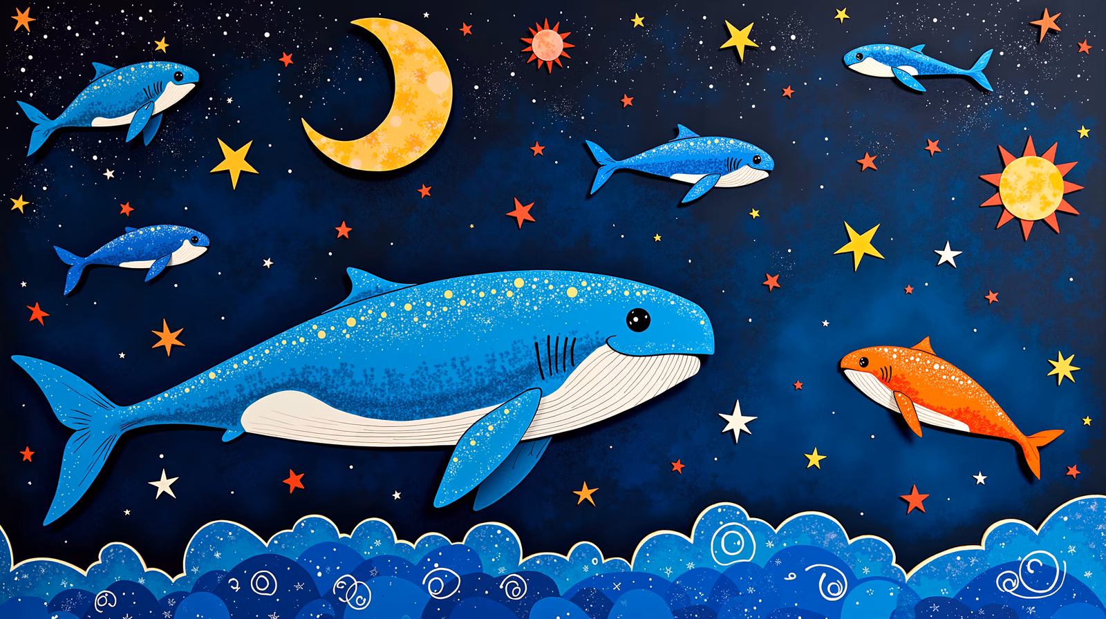 Whale and fish under a starlit sky, children's art, whimsical, magical