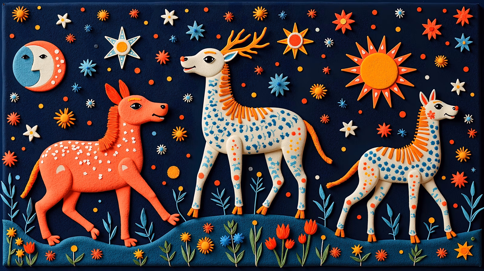 Whimsical forest deer with colorful flowers and celestial elements in a magical setting.