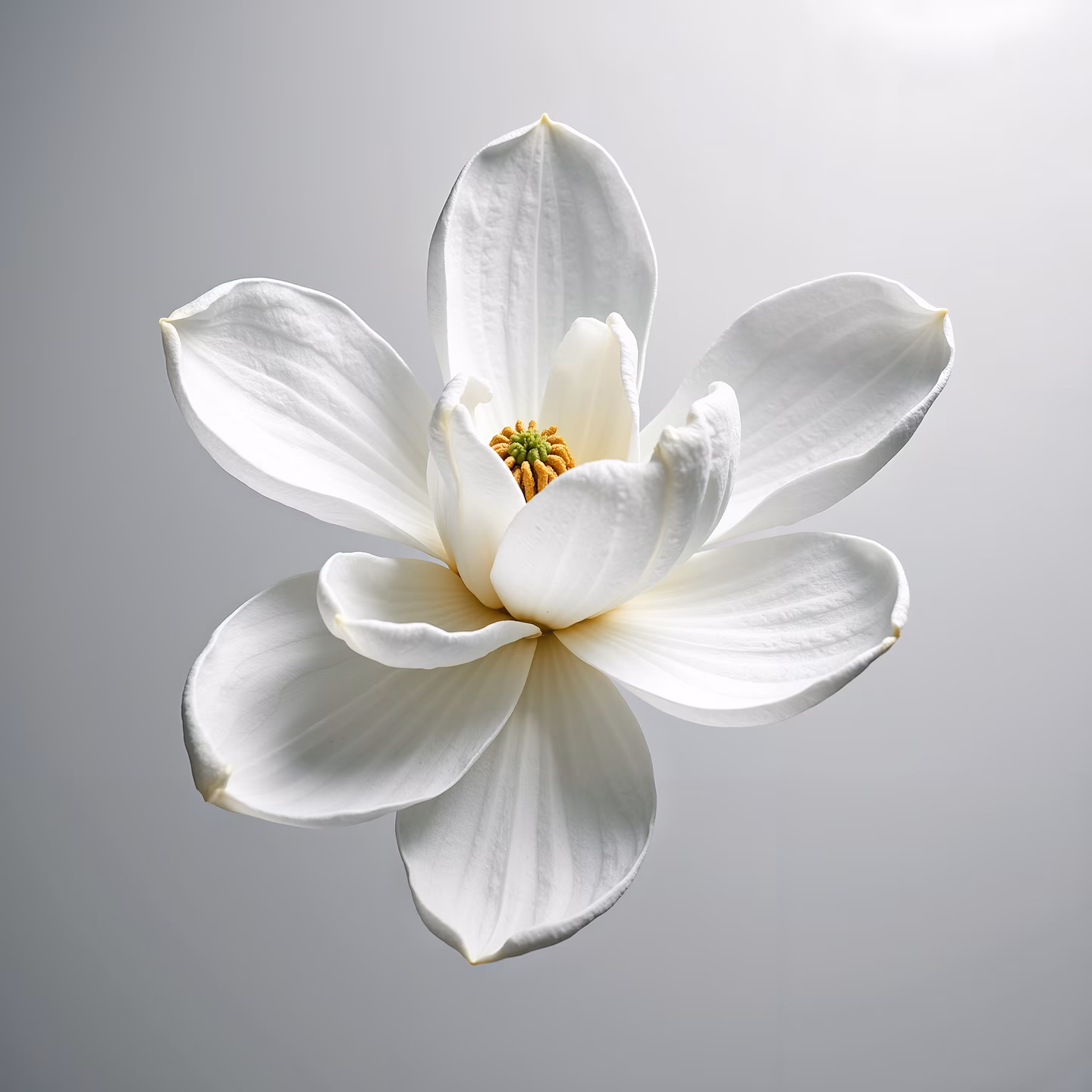 Close-up of a white magnolia flower with intricate petal textures and a vibrant green center.