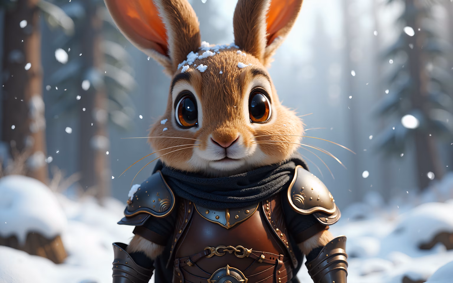 A brave rabbit in armor, ready for winter adventures in a snowy forest.