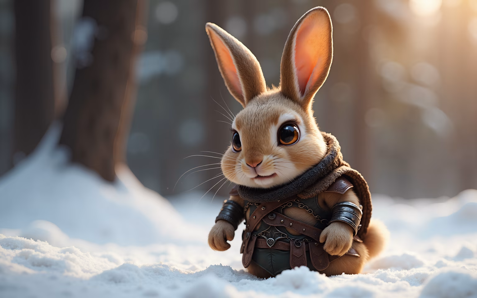 A whimsical rabbit in medieval armor in a snowy forest setting.