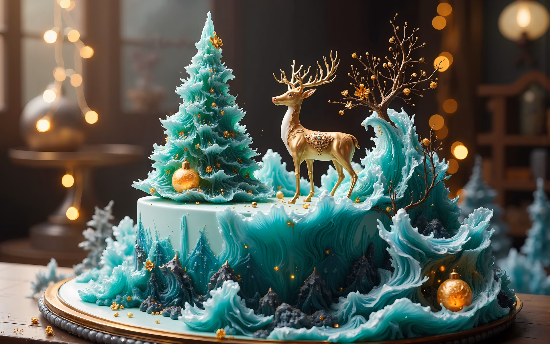 A magical winter wonderland cake with a golden deer and turquoise Christmas tree.