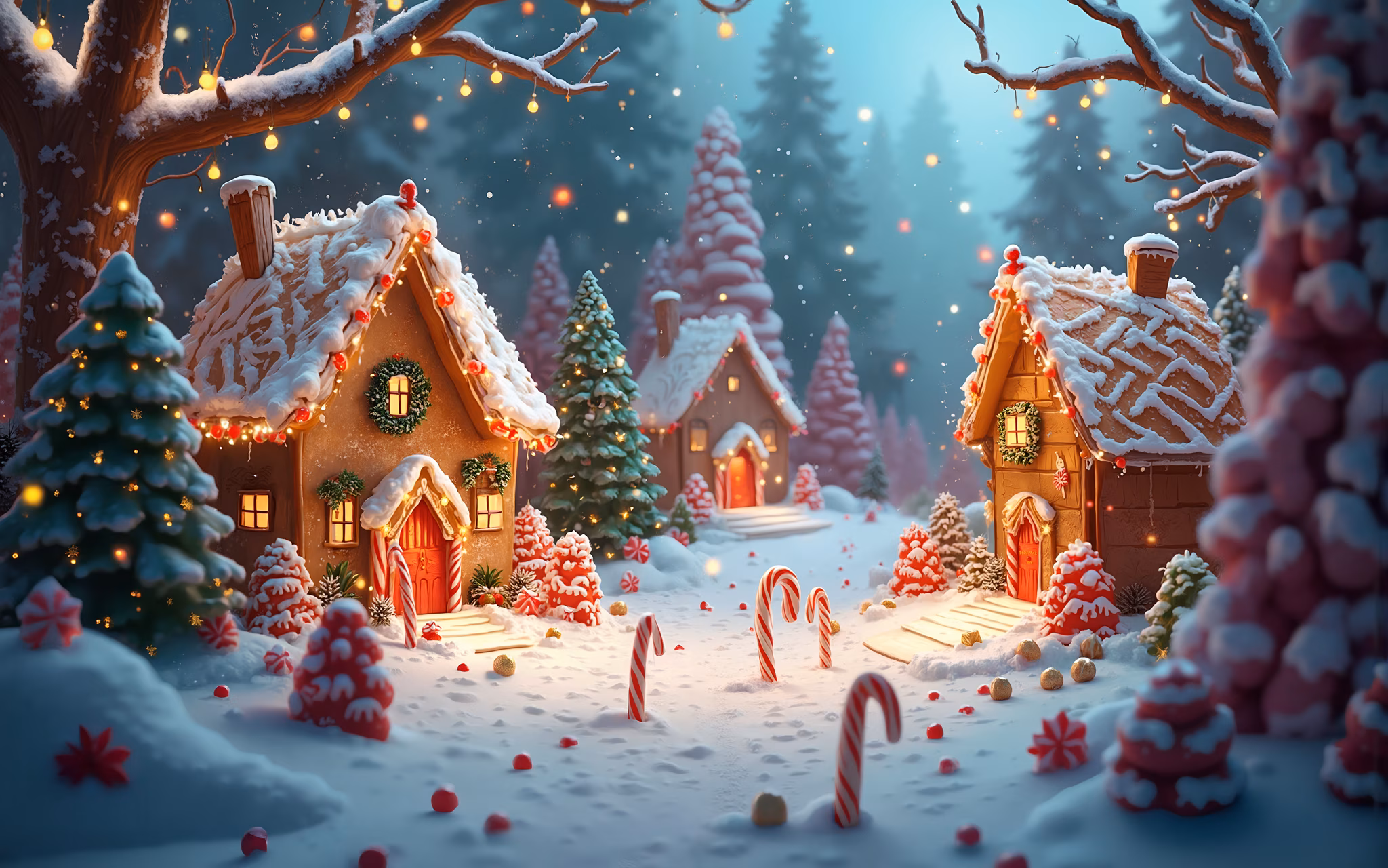 Festive gingerbread houses in a snowy winter wonderland