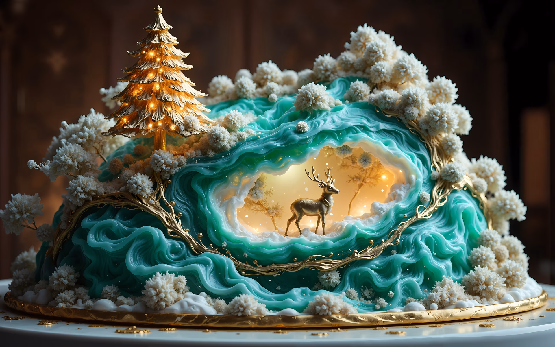 A magical winter wonderland featuring a glowing golden tree and a deer amidst teal waves and snow-covered branches.