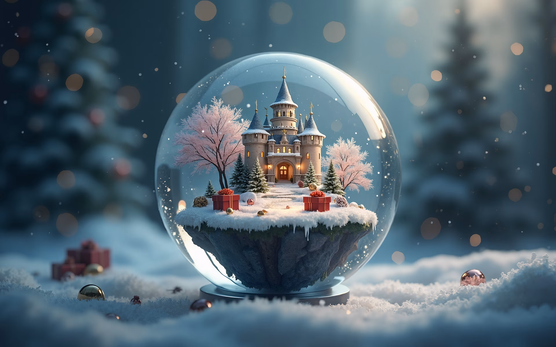A magical winter scene inside a snow globe, featuring a castle and festive decorations.