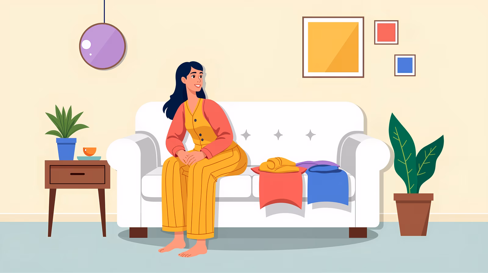 A relaxed woman in a cozy living room, featuring warm colors and simple decor.