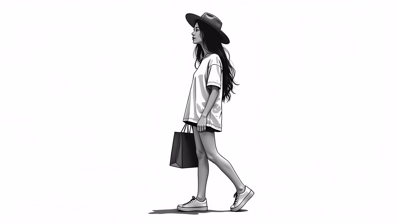 Casual stroll with a shopping bag, minimalist fashion illustration.