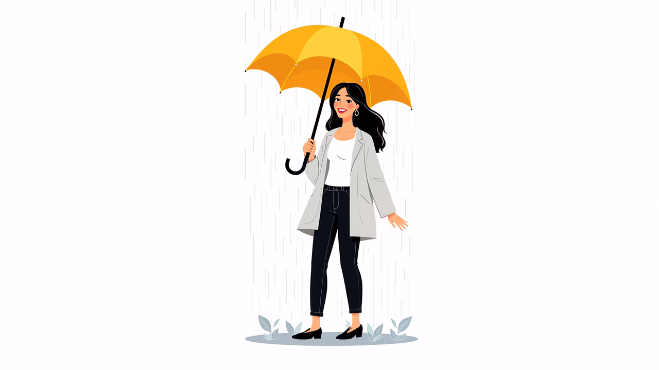 A smiling woman under a yellow umbrella in the rain, symbolizing resilience and comfort.