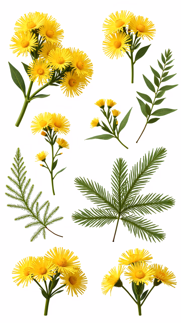 Vibrant yellow flowers and green leaves on a white background.