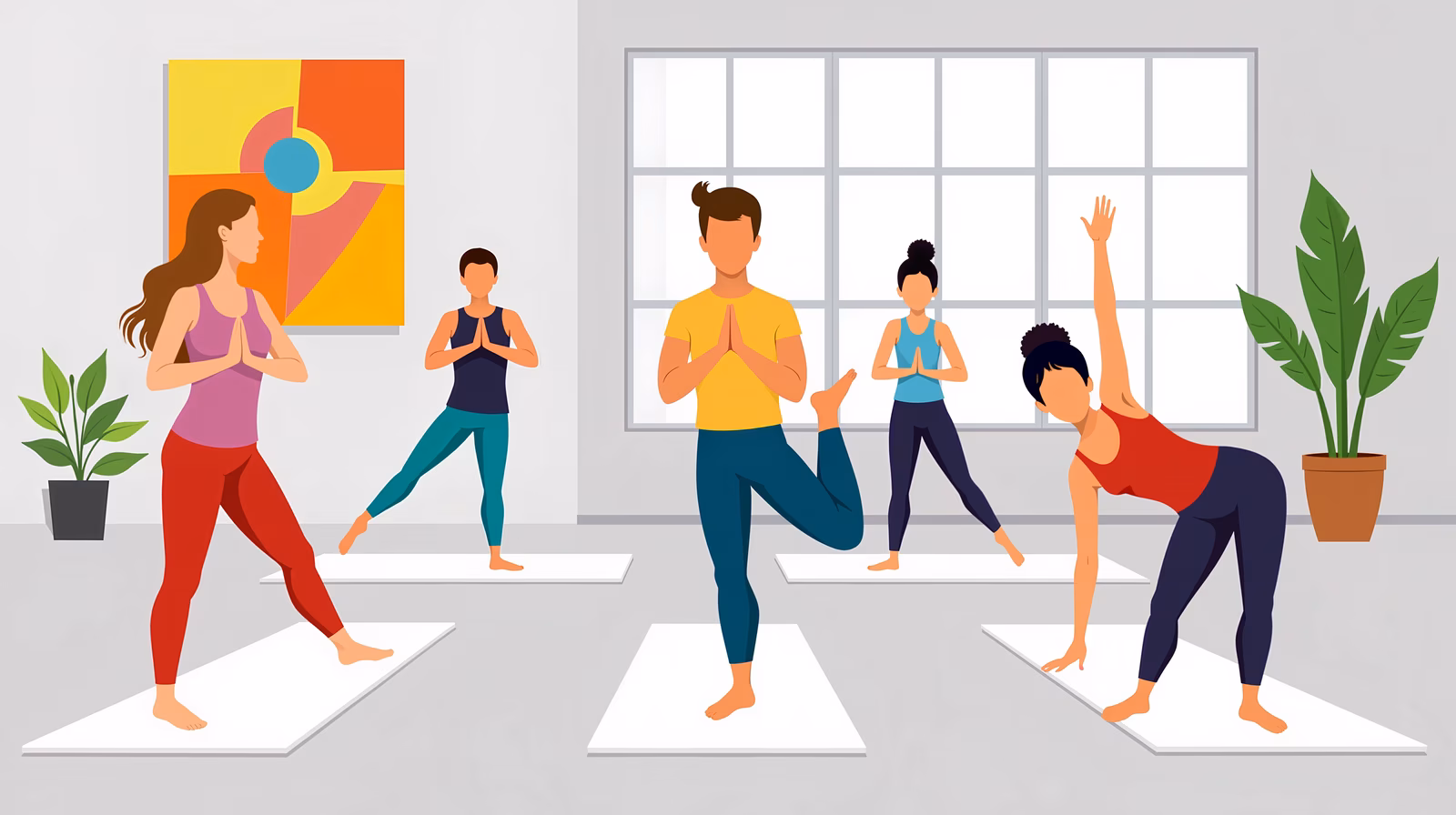 A group of people practicing yoga in a bright, serene studio setting.