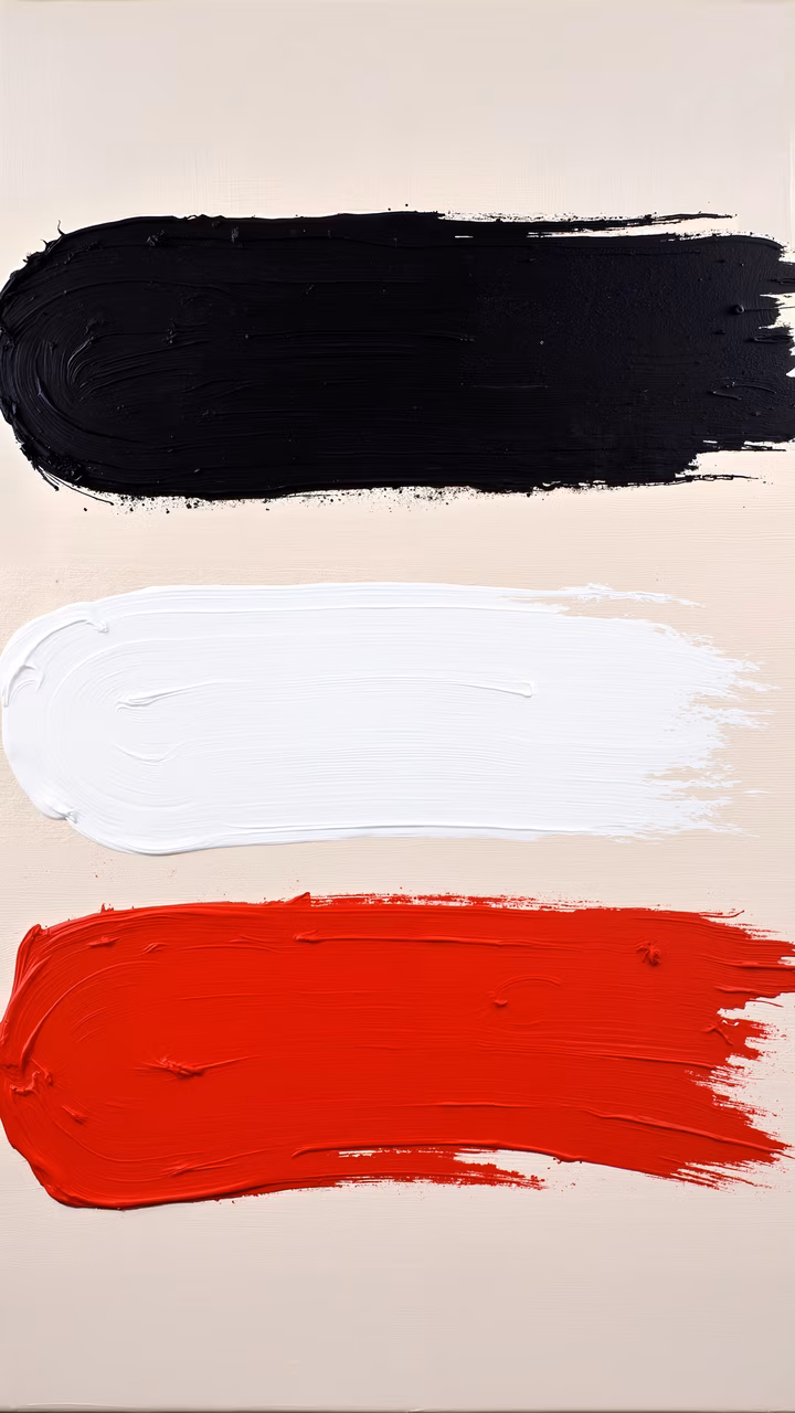 Bold brushstrokes in black, white, and red on a beige background.