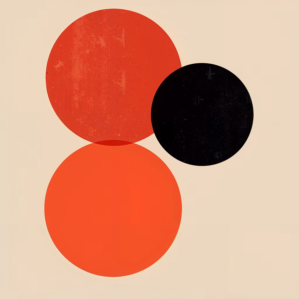 Bold red and black circles on a beige background create a minimalist masterpiece.