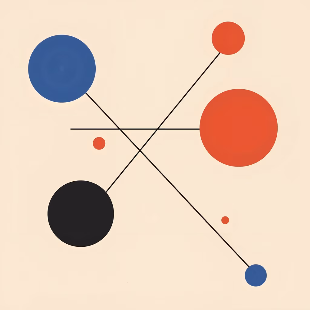 Bold geometric shapes in primary colors create a modernist abstract composition.