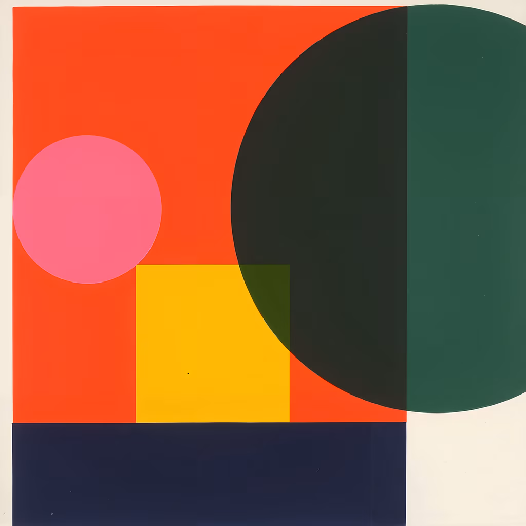Bold geometric shapes in vibrant colors create a striking abstract composition.